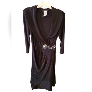 TIANA B. New York Black Knee Length 3/4 Sleeve Wrap Dress W/ Silver Belt